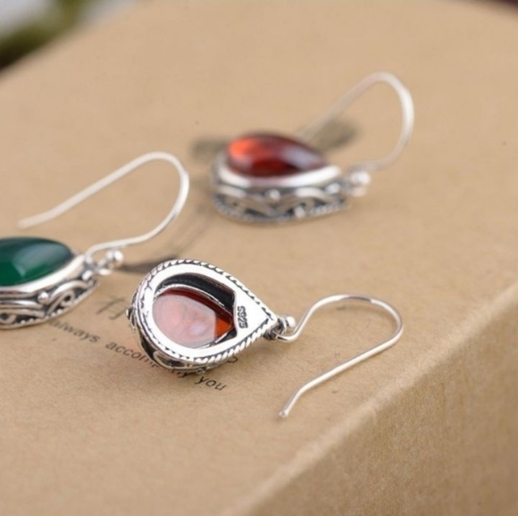 Red & Silver Filigree Teardrop Fish Hook Earrings - Picture 2 of 7